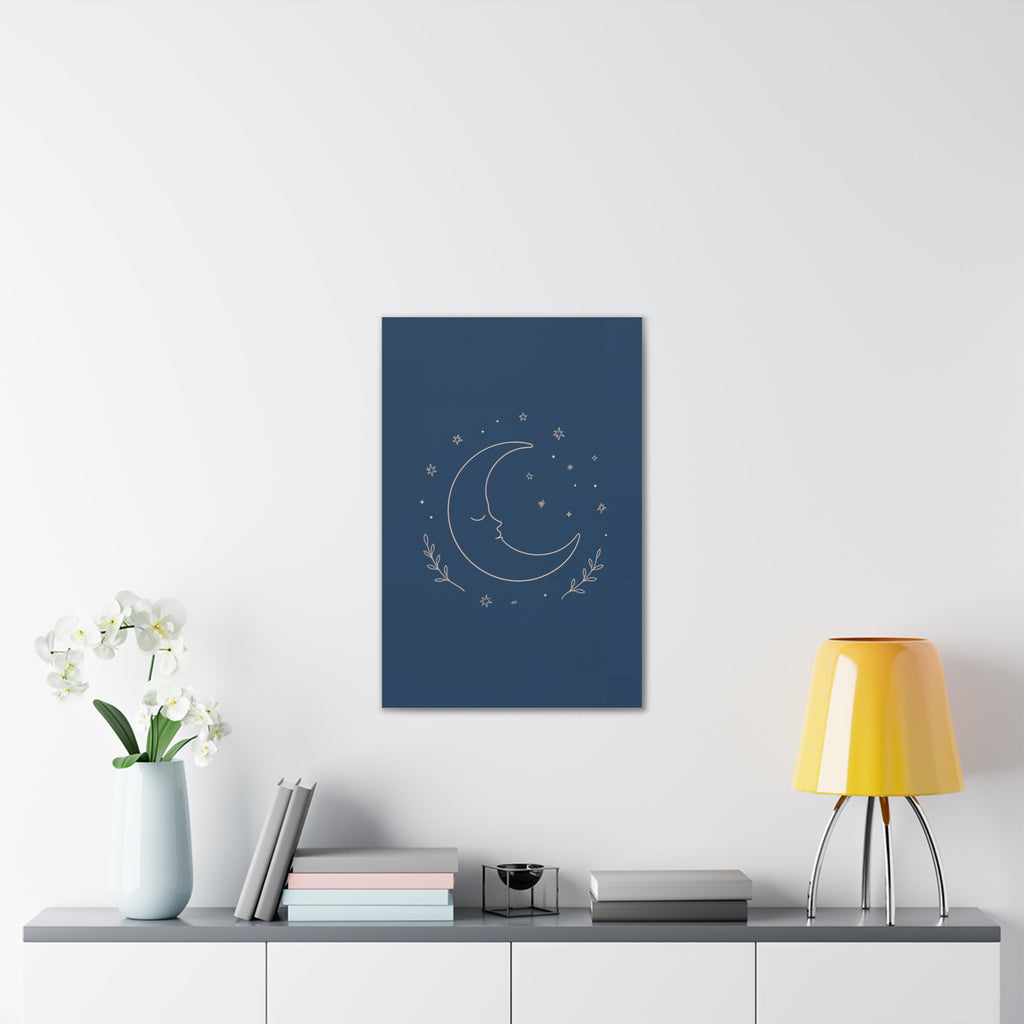 Sleepy Moon Nursery Print | Celestial Baby Room Canvas | Dusty Blue Bedtime Wall Art
