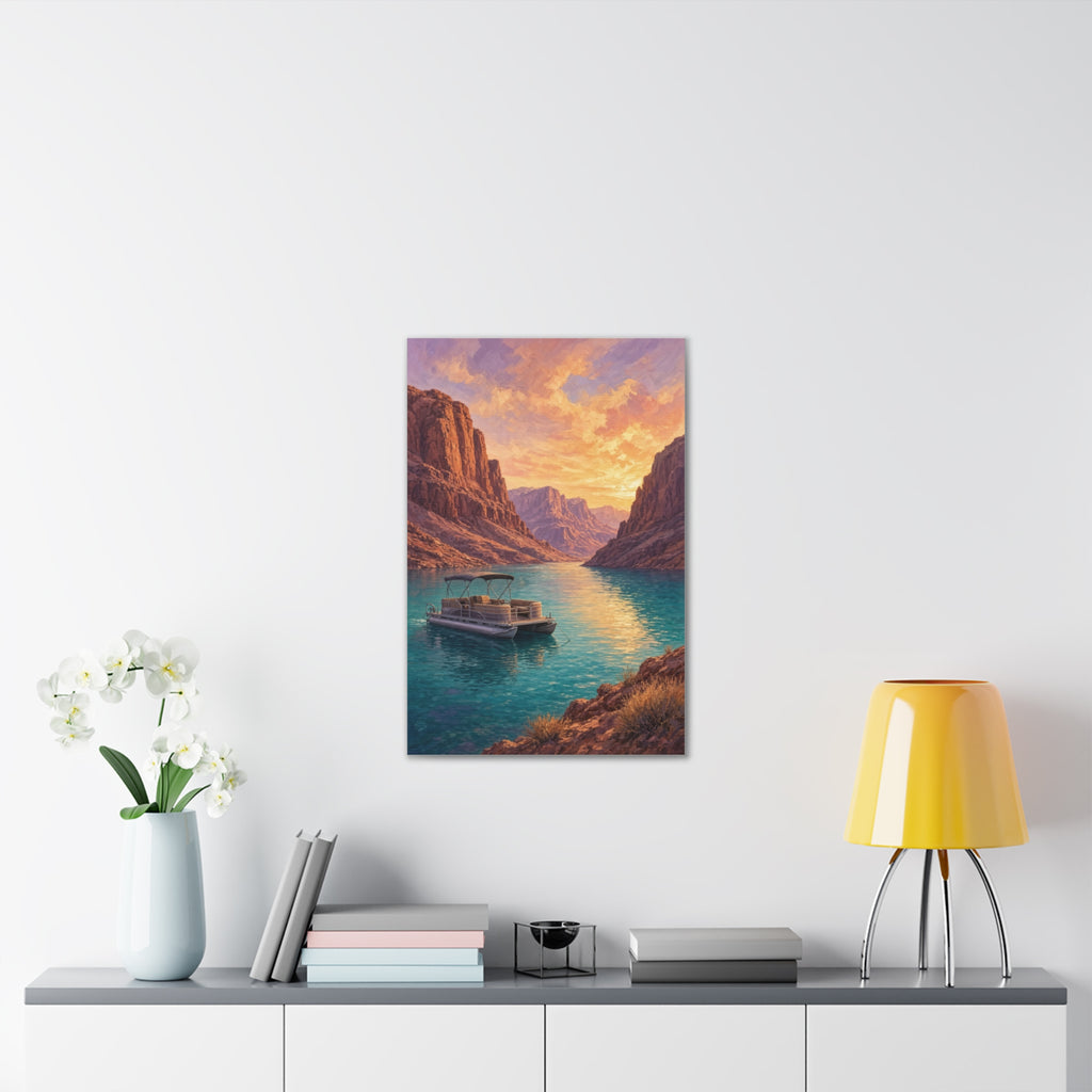 Desert Lake Houseboat Canvas | Golden Hour Landscape Wall Art | Large Lake House Statement Decor