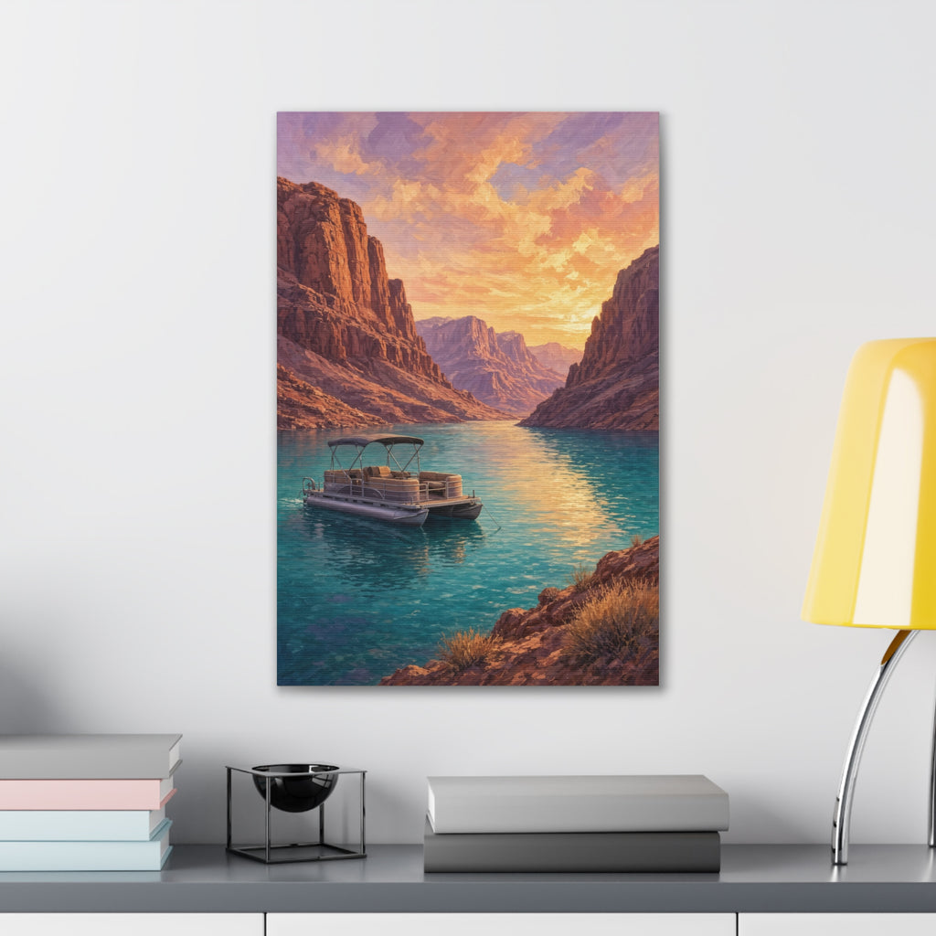 Desert Lake Houseboat Canvas | Golden Hour Landscape Wall Art | Large Lake House Statement Decor