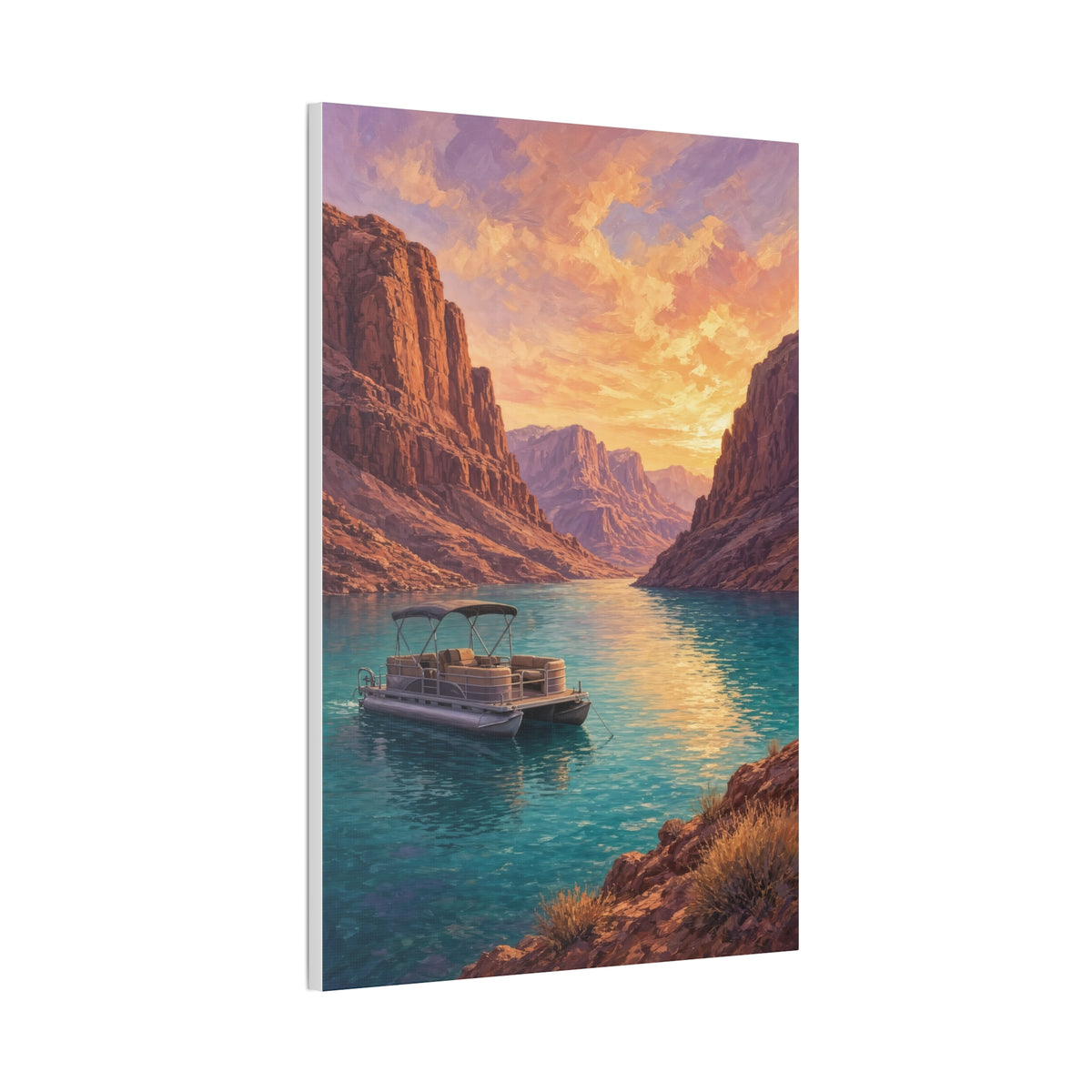 Desert Lake Houseboat Canvas | Golden Hour Landscape Wall Art | Large Lake House Statement Decor