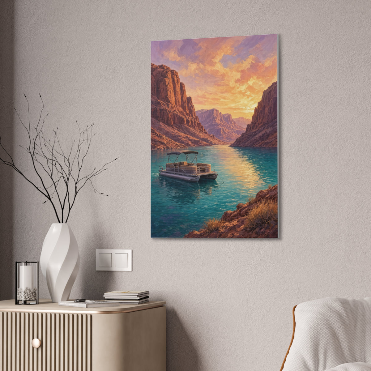 Desert Lake Houseboat Canvas | Golden Hour Landscape Wall Art | Large Lake House Statement Decor