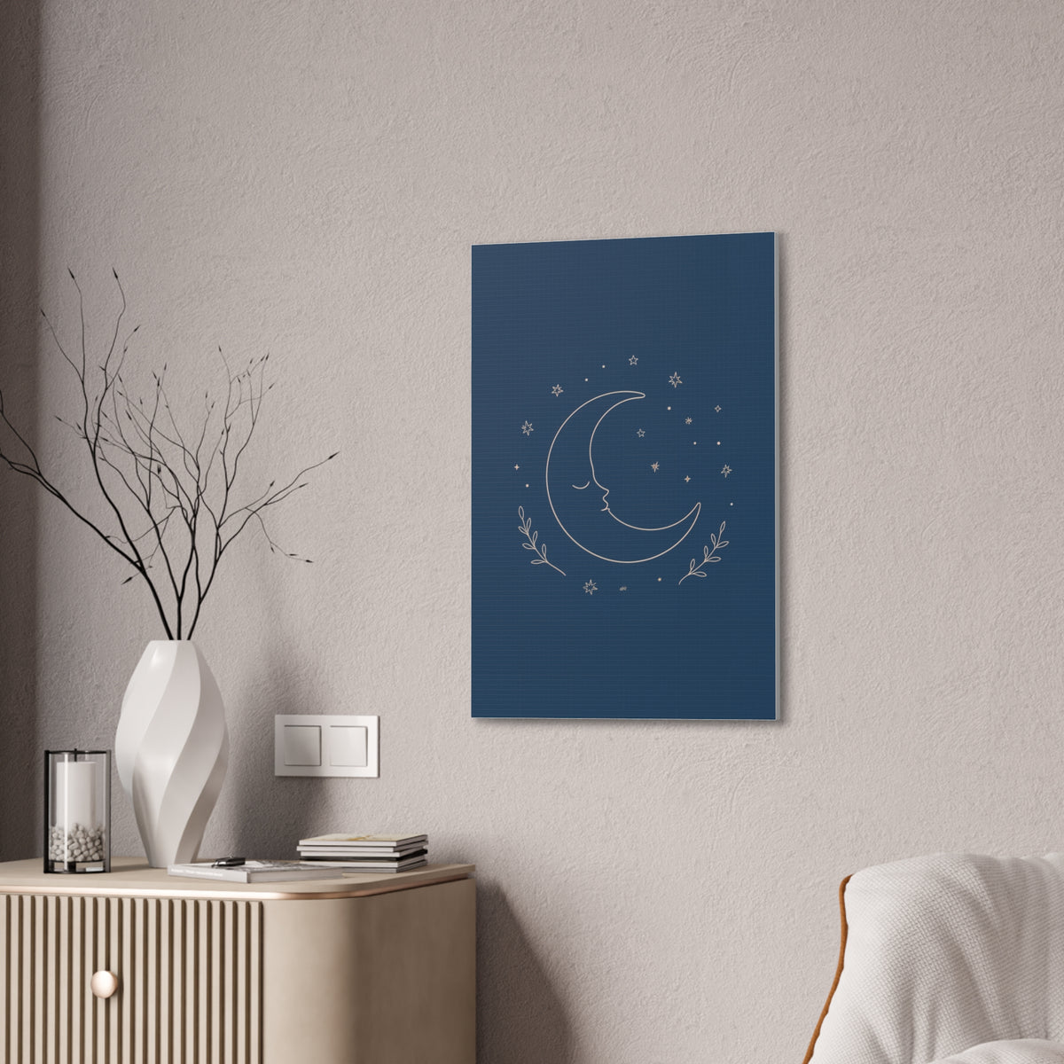 Sleepy Moon Nursery Print | Celestial Baby Room Canvas | Dusty Blue Bedtime Wall Art