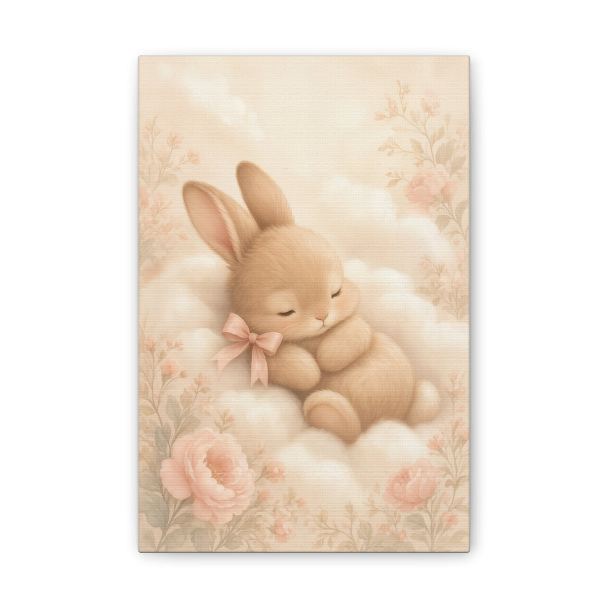 Vintage Bunny Nursery Print | Storybook Floral Baby Canvas | Heirloom Nursery Decor, Stretched Canvas 0.75"