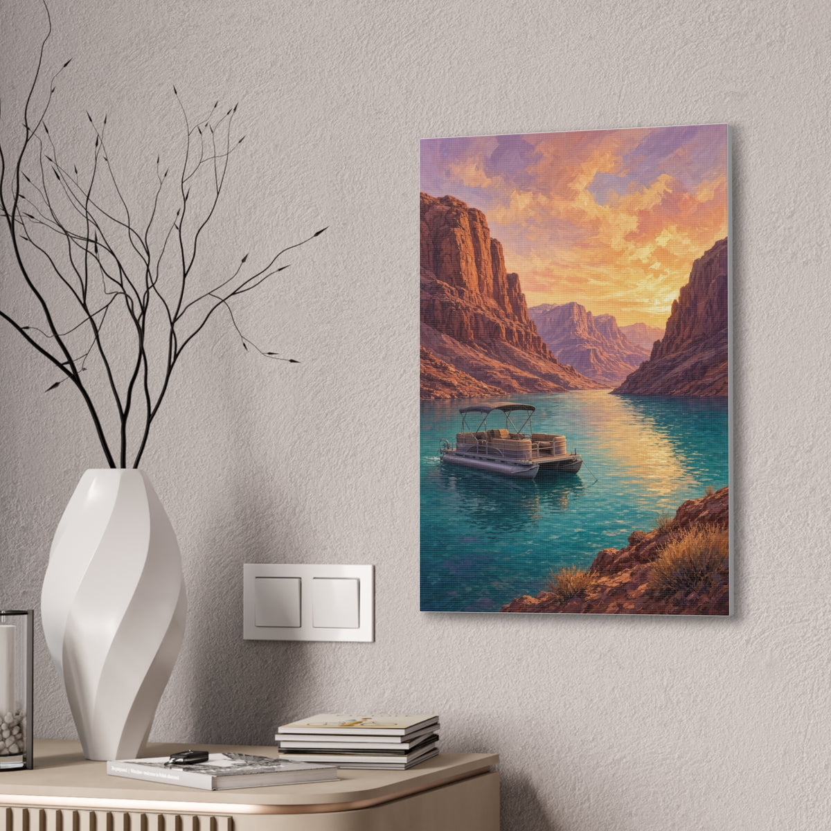Desert Lake Houseboat Canvas | Golden Hour Landscape Wall Art | Large Lake House Statement Decor