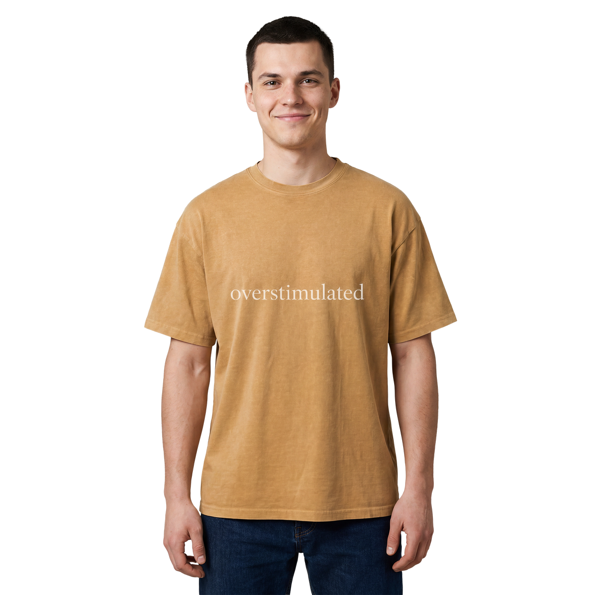 Overstimulated Graphic Tee — Minimal Text Vintage Mineral Wash T-Shirt