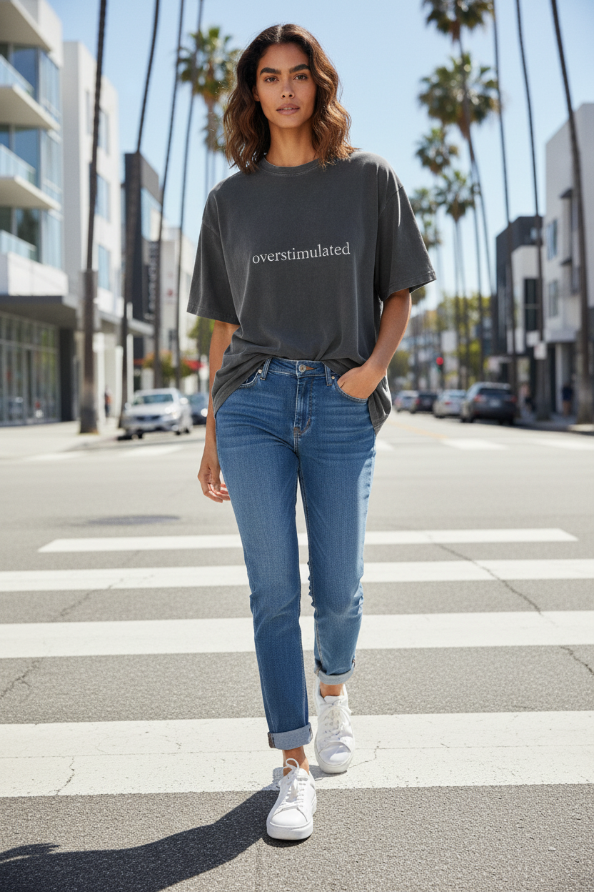 Overstimulated Graphic Tee — Minimal Text Vintage Mineral Wash T-Shirt