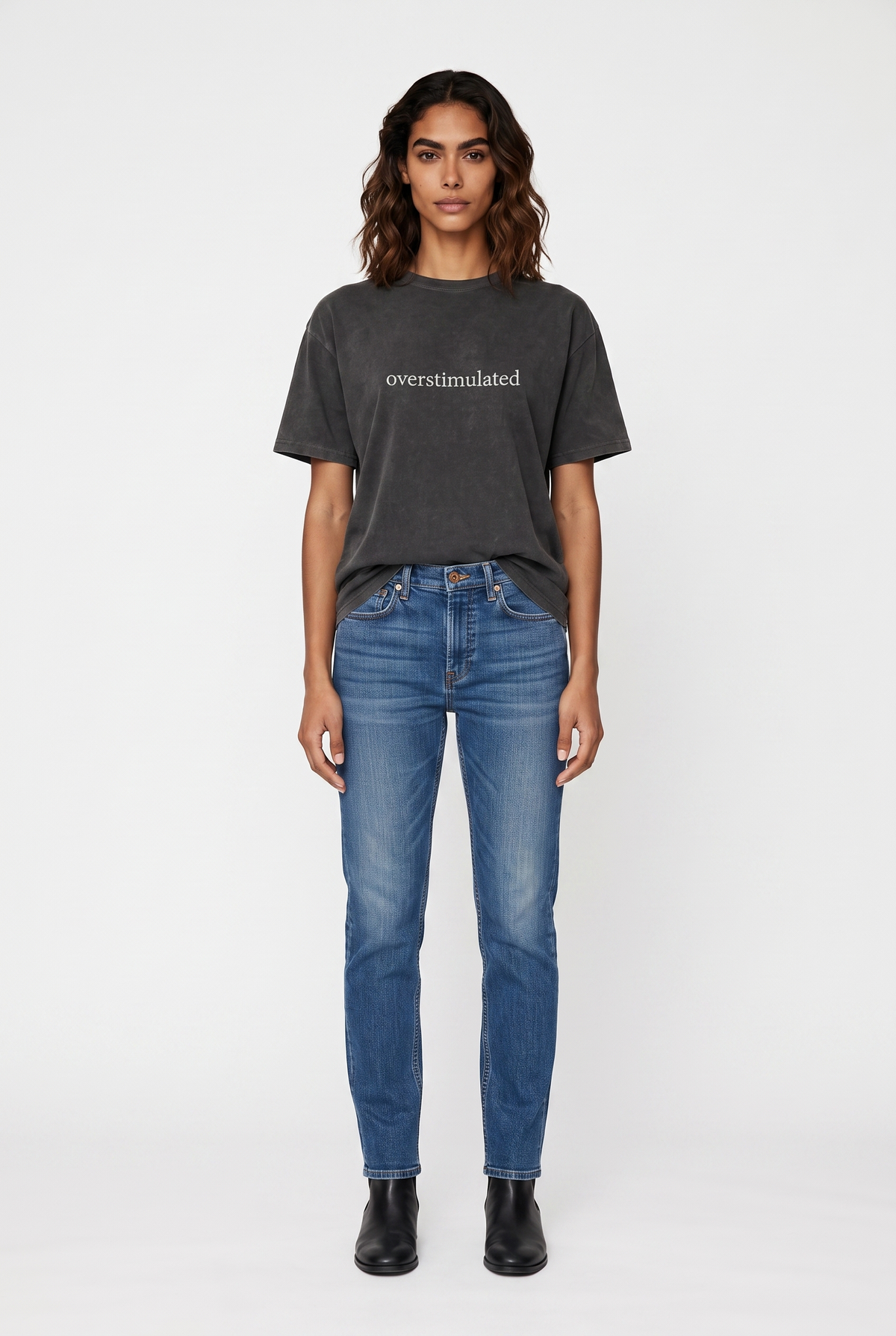 Overstimulated Graphic Tee — Minimal Text Vintage Mineral Wash T-Shirt