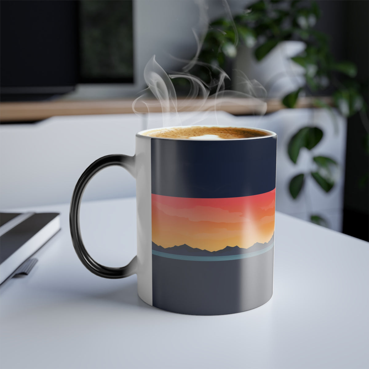 Color-Changing Sunset Mug — 11 oz Heat-Activated Mountain Landscape