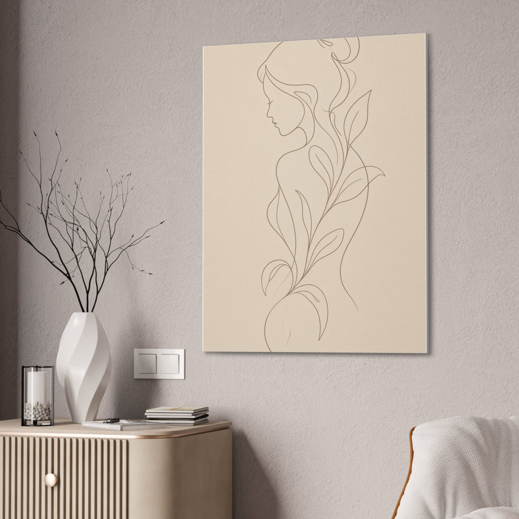 Minimal Line Art Woman Canvas — Neutral Botanical Silhouette Wall Art