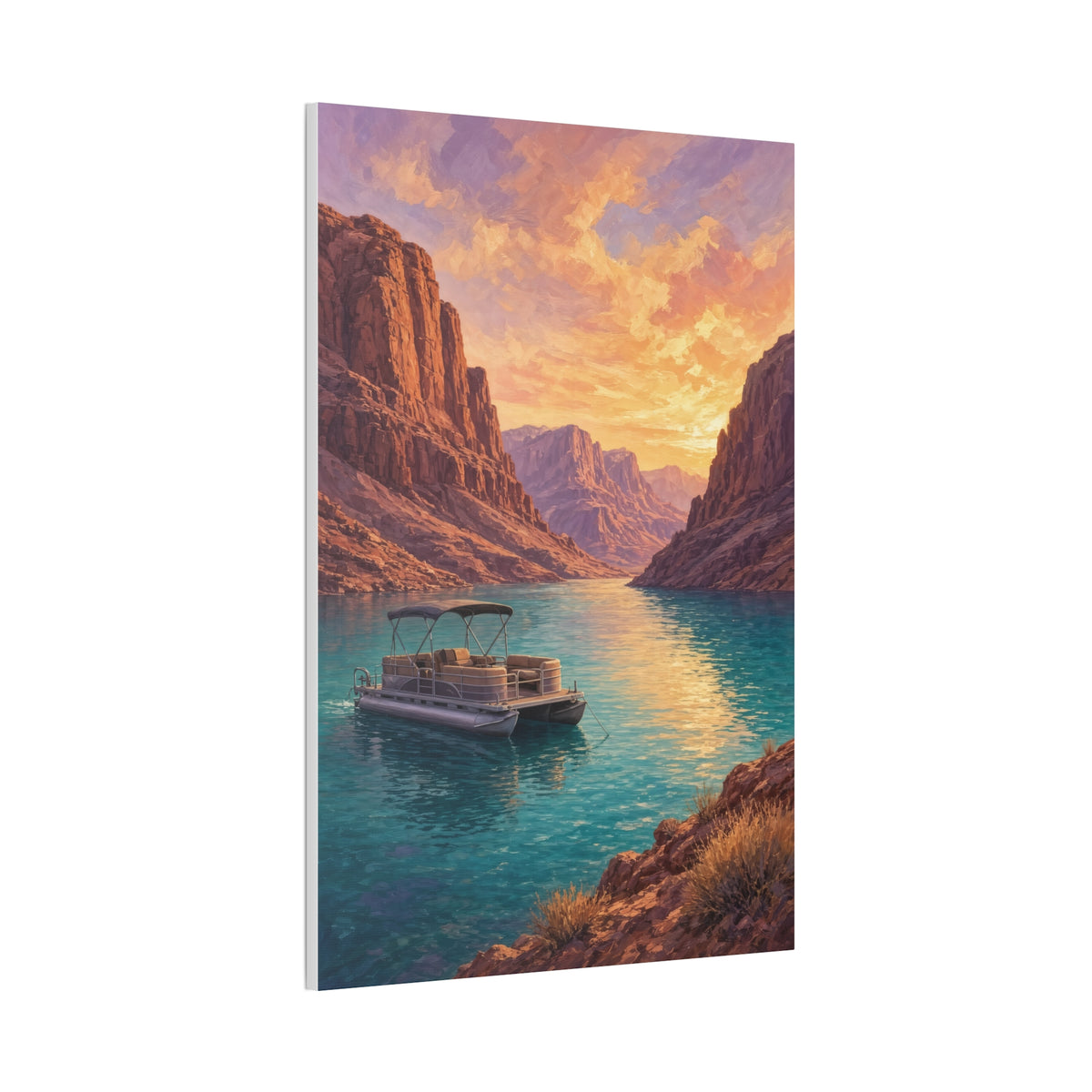 Desert Lake Houseboat Canvas | Golden Hour Landscape Wall Art | Large Lake House Statement Decor