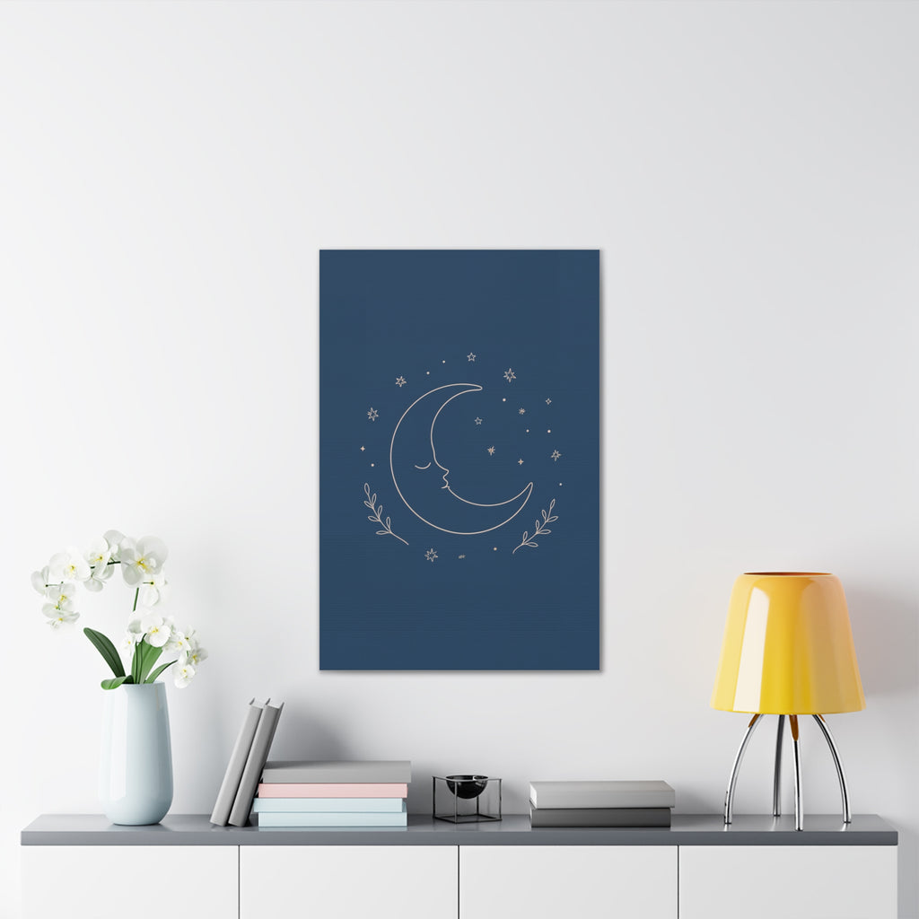 Sleepy Moon Nursery Print | Celestial Baby Room Canvas | Dusty Blue Bedtime Wall Art