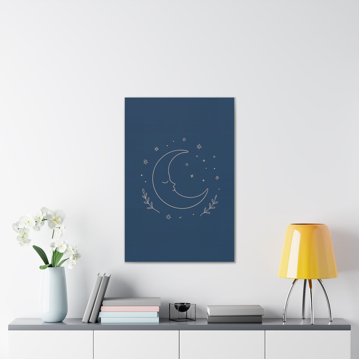 Sleepy Moon Nursery Print | Celestial Baby Room Canvas | Dusty Blue Bedtime Wall Art