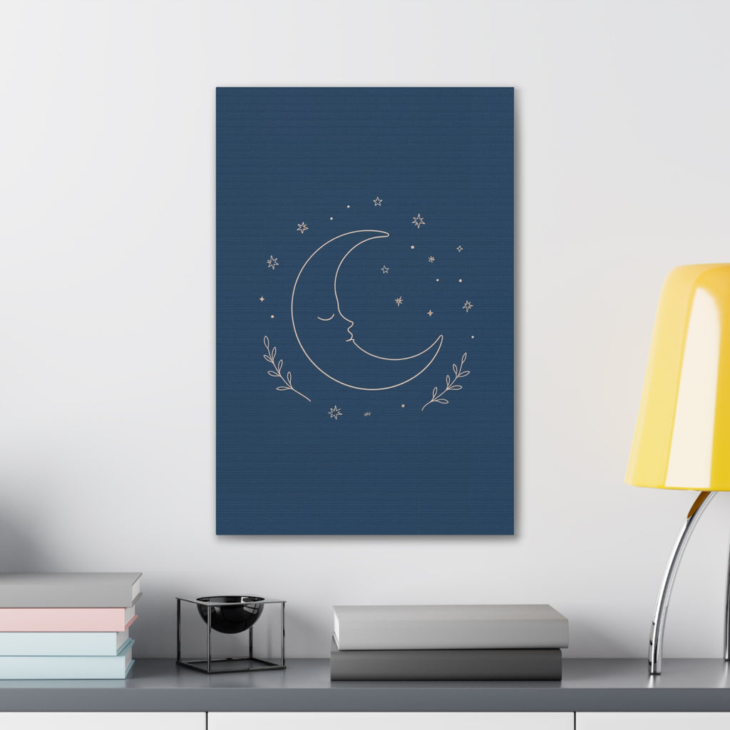Sleepy Moon Nursery Print | Celestial Baby Room Canvas | Dusty Blue Bedtime Wall Art