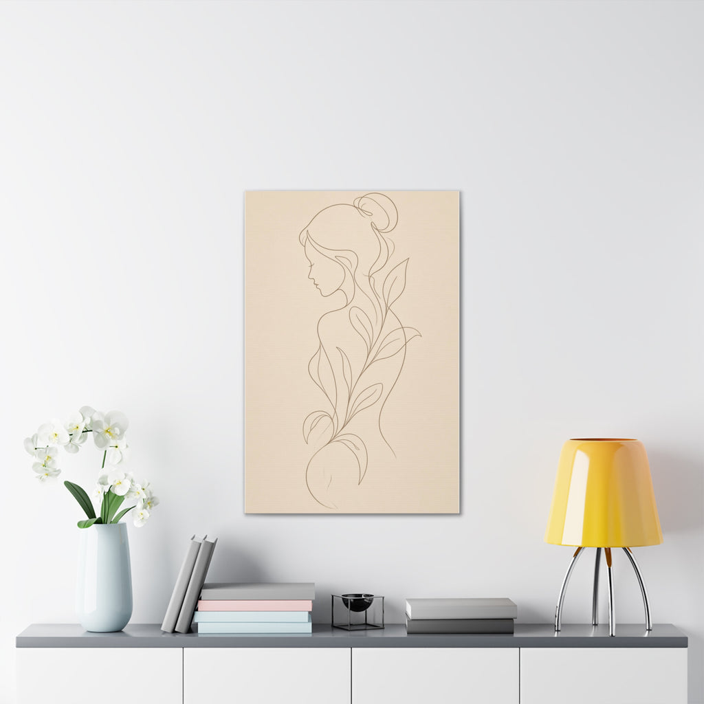 Minimal Line Art Woman Canvas — Neutral Botanical Silhouette Wall Art