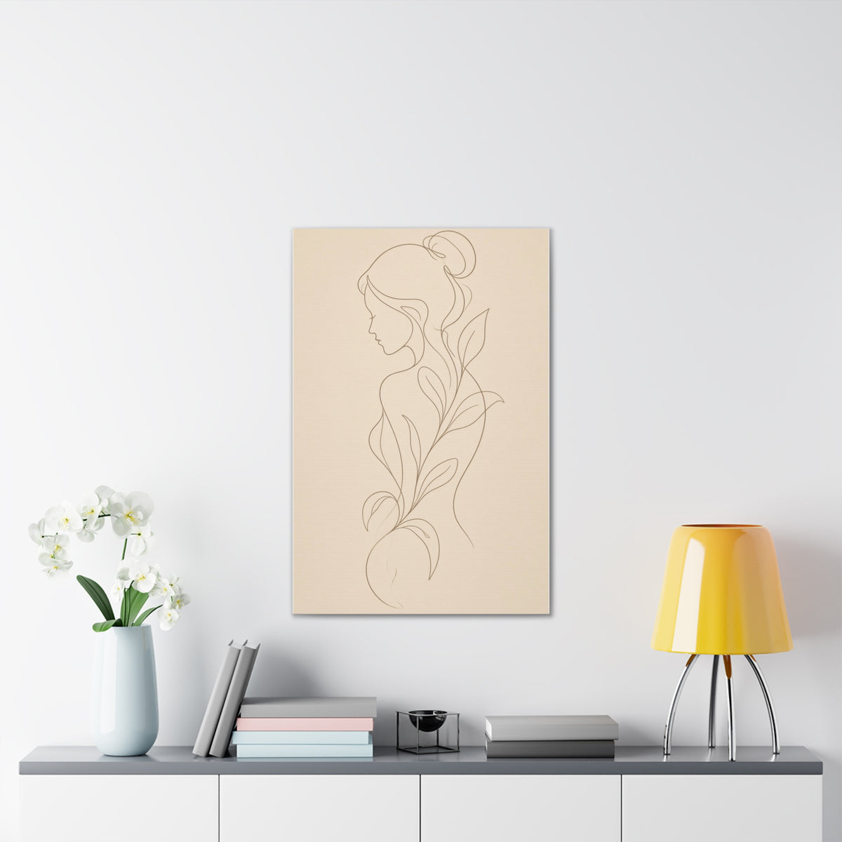 Minimal Line Art Woman Canvas — Neutral Botanical Silhouette Wall Art