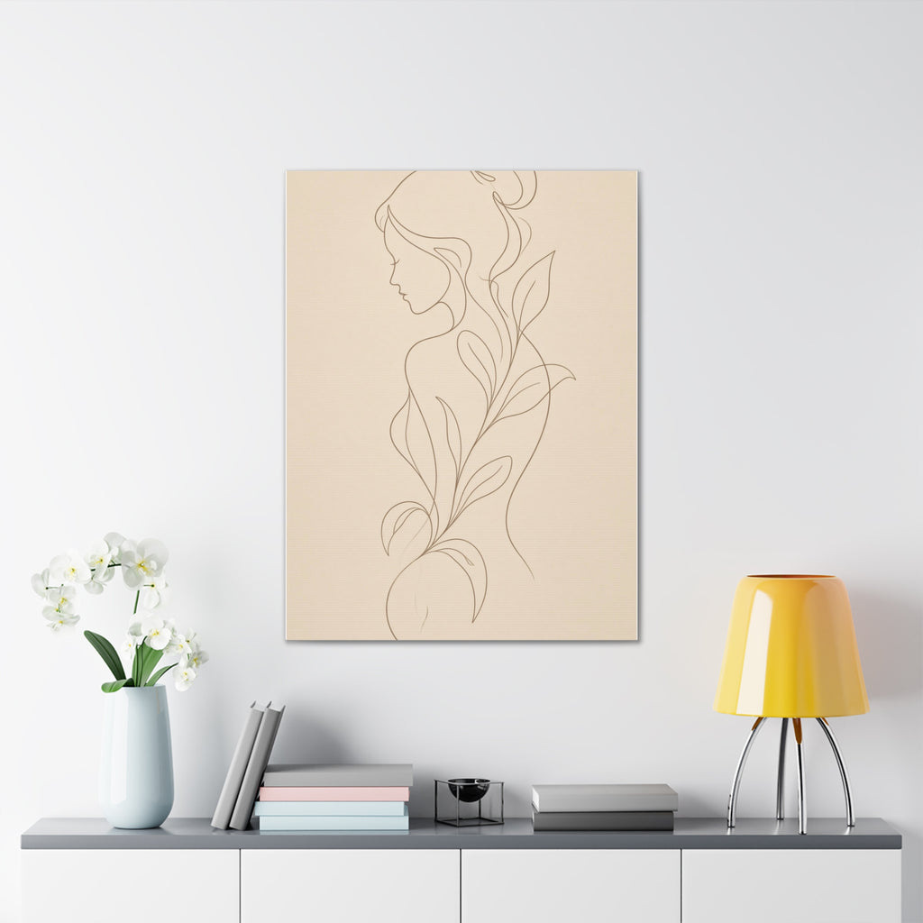 Minimal Line Art Woman Canvas — Neutral Botanical Silhouette Wall Art
