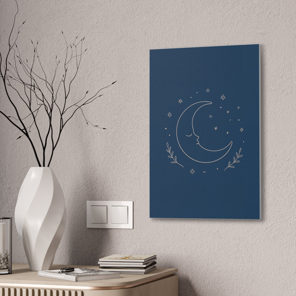 Sleepy Moon Nursery Print | Celestial Baby Room Canvas | Dusty Blue Bedtime Wall Art