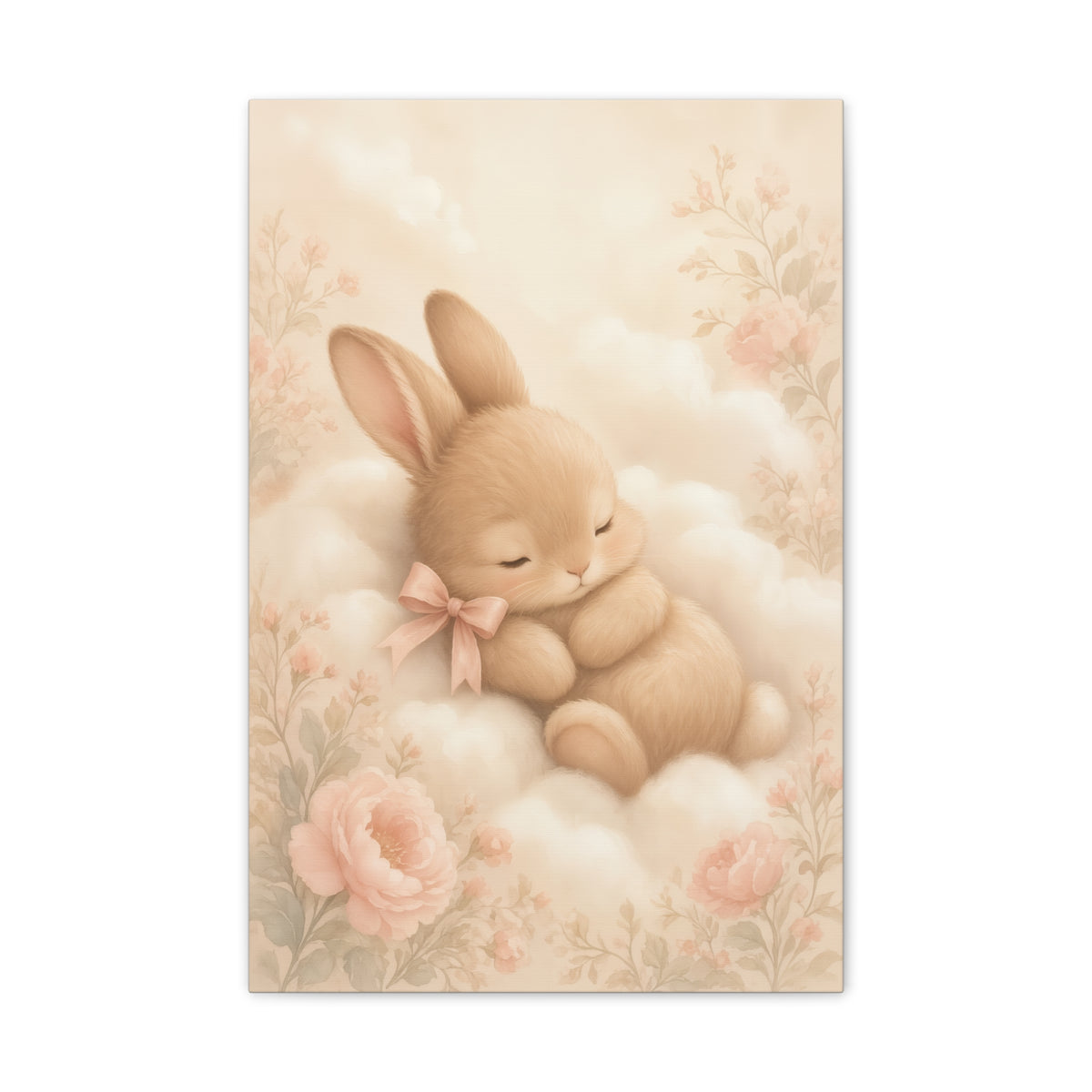 Vintage Bunny Nursery Print | Storybook Floral Baby Canvas | Heirloom Nursery Decor, Stretched Canvas 0.75"