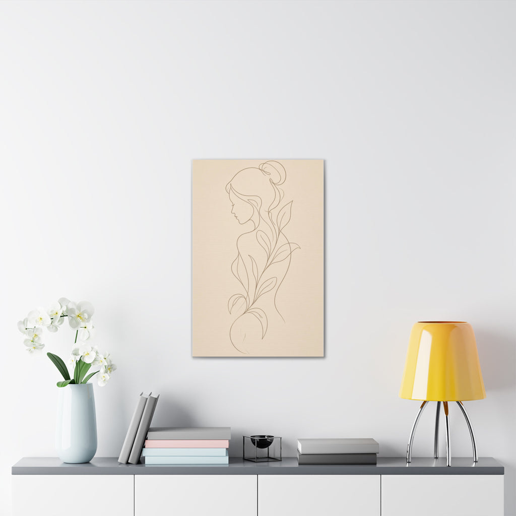 Minimal Line Art Woman Canvas — Neutral Botanical Silhouette Wall Art
