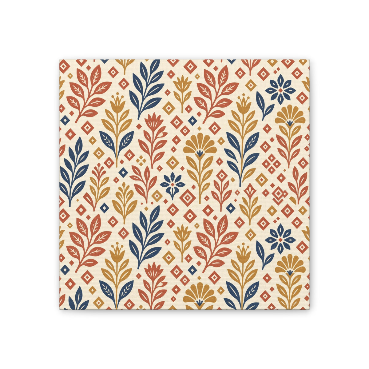 Folk Pattern Block Print Canvas | Heritage Boho Wall Art | Terracotta Mustard Eclectic Decor