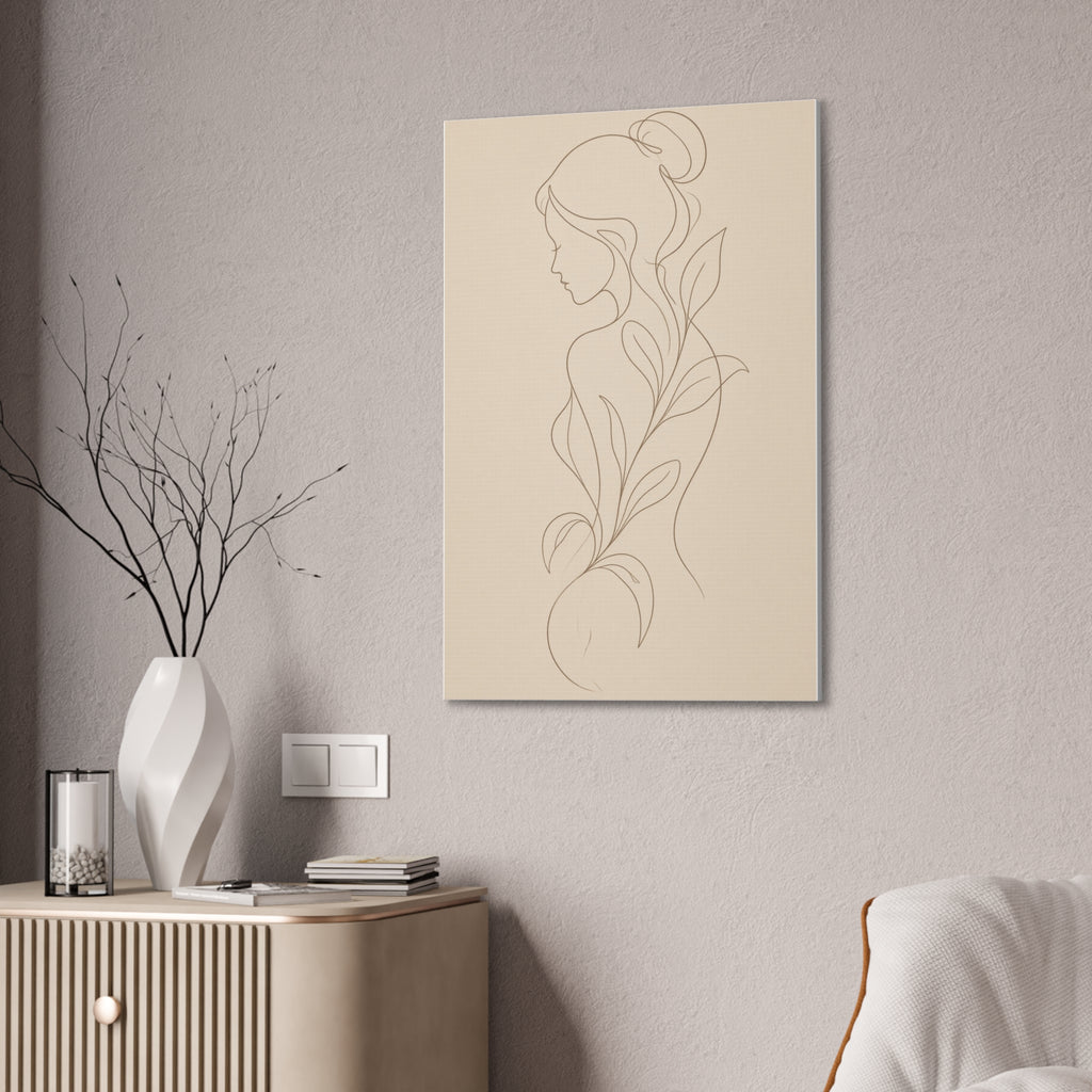 Minimal Line Art Woman Canvas — Neutral Botanical Silhouette Wall Art