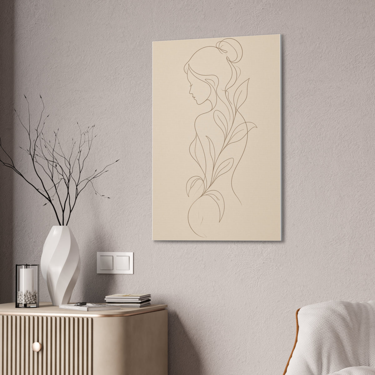 Minimal Line Art Woman Canvas — Neutral Botanical Silhouette Wall Art