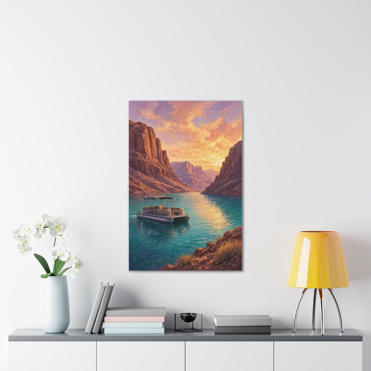 Desert Lake Houseboat Canvas | Golden Hour Landscape Wall Art | Large Lake House Statement Decor