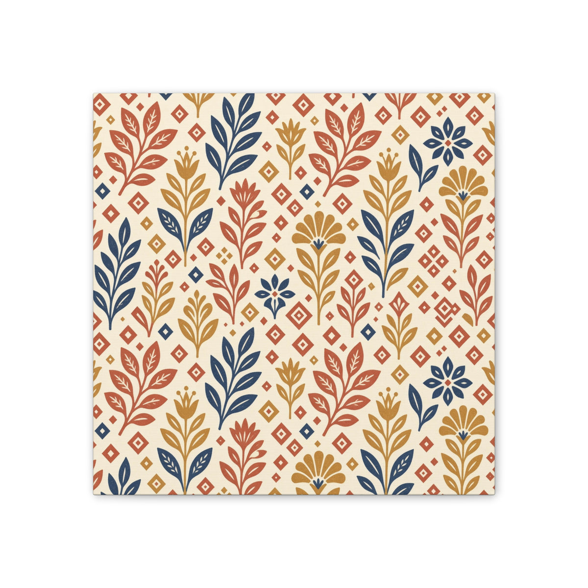 Folk Pattern Block Print Canvas | Heritage Boho Wall Art | Terracotta Mustard Eclectic Decor