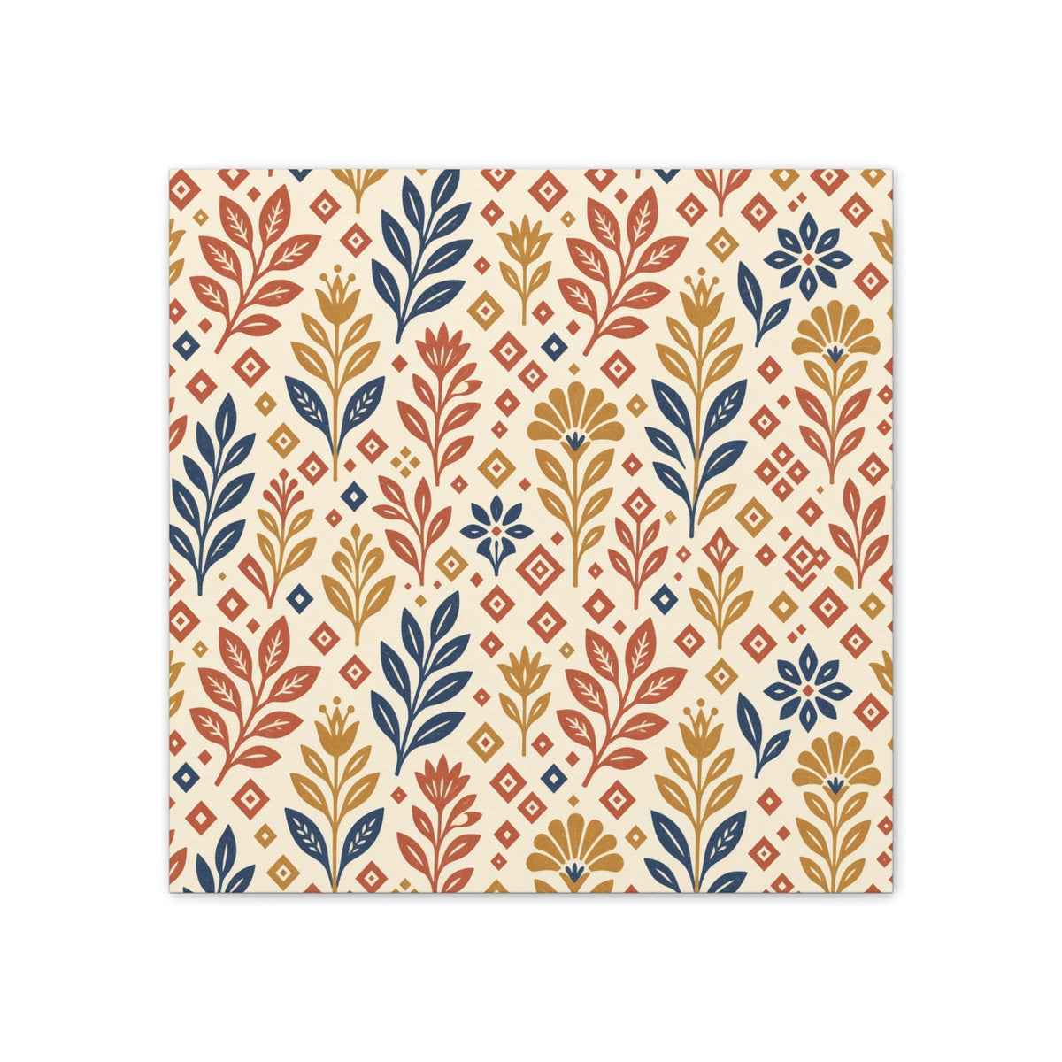 Folk Pattern Block Print Canvas | Heritage Boho Wall Art | Terracotta Mustard Eclectic Decor