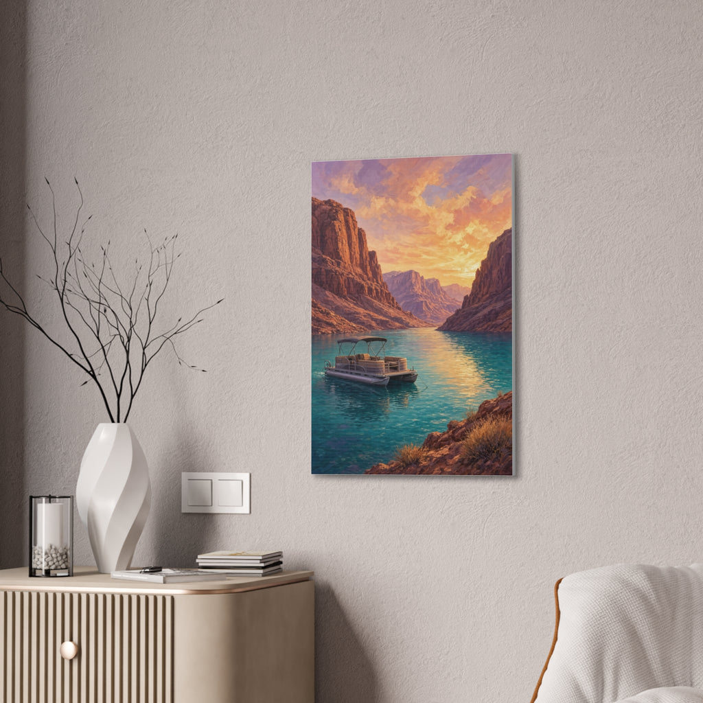 Desert Lake Houseboat Canvas | Golden Hour Landscape Wall Art | Large Lake House Statement Decor