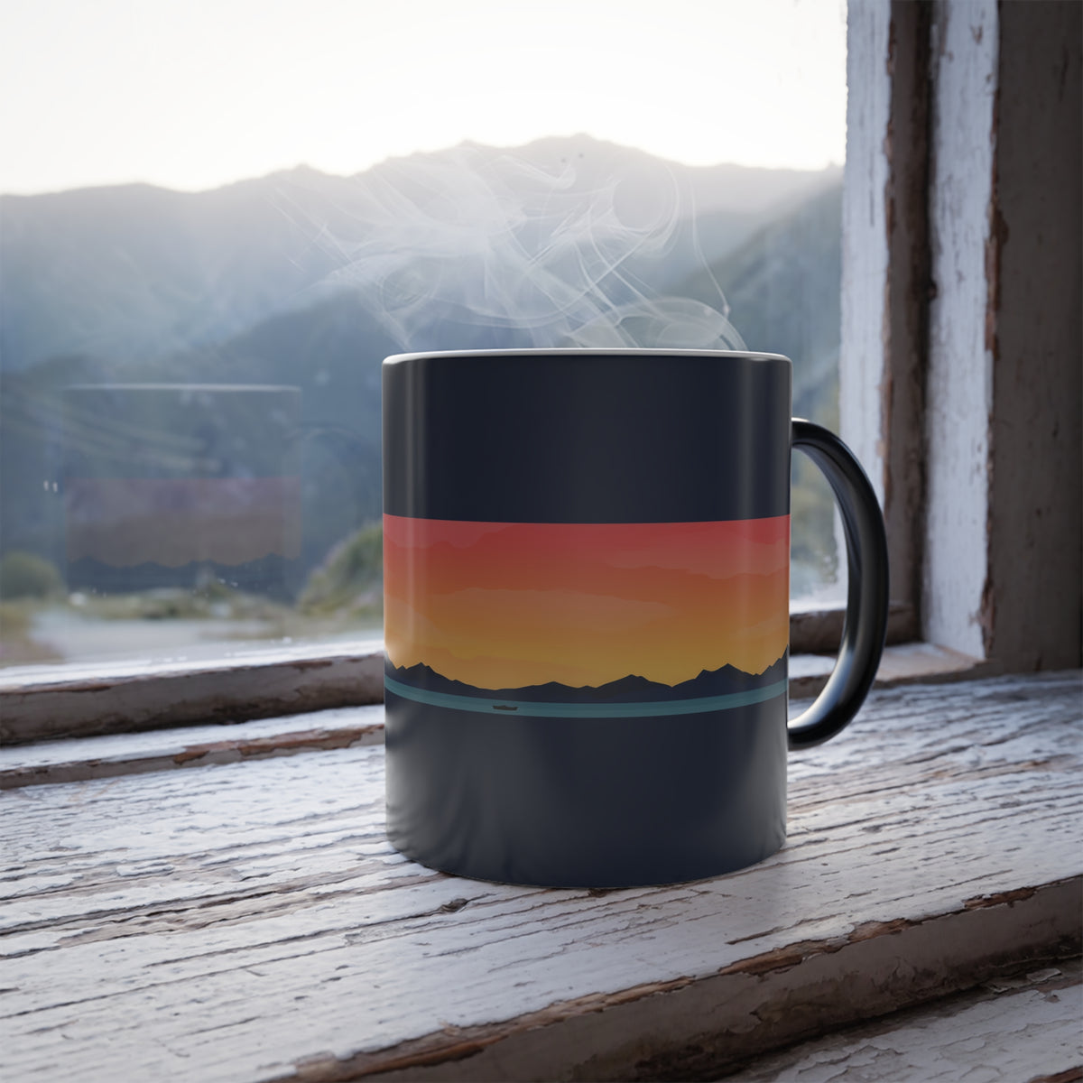 Color-Changing Sunset Mug — 11 oz Heat-Activated Mountain Landscape