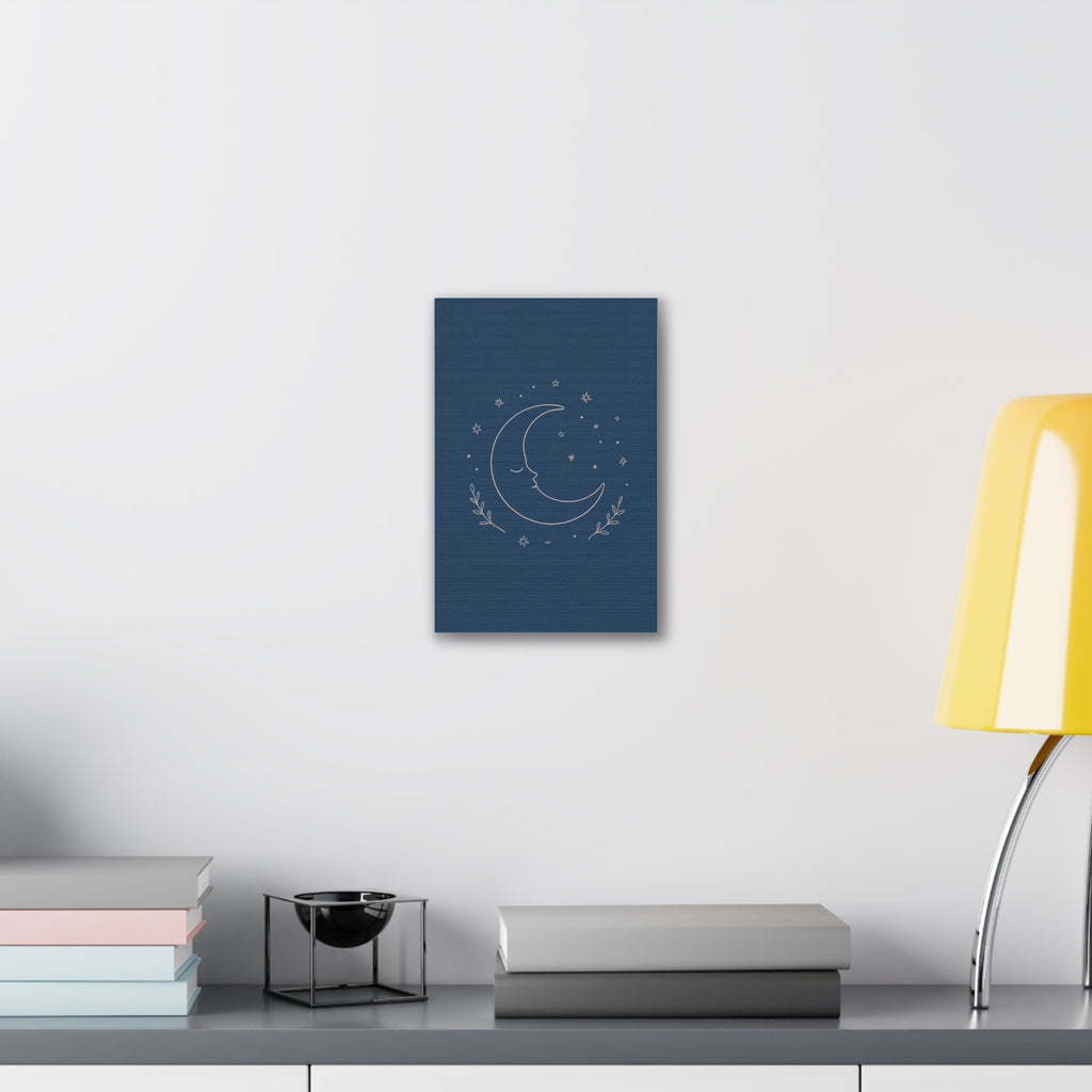 Sleepy Moon Nursery Print | Celestial Baby Room Canvas | Dusty Blue Bedtime Wall Art