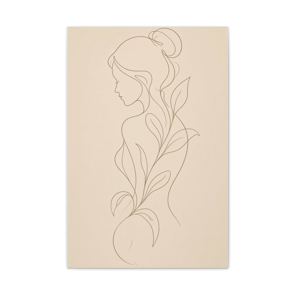 Minimal Line Art Woman Canvas — Neutral Botanical Silhouette Wall Art