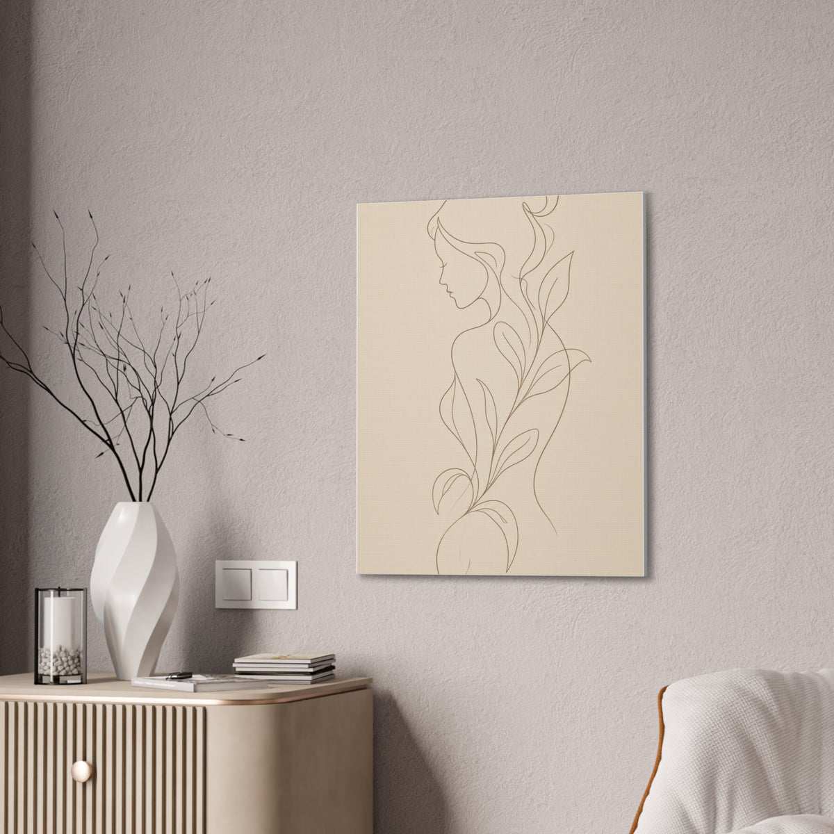 Minimal Line Art Woman Canvas — Neutral Botanical Silhouette Wall Art