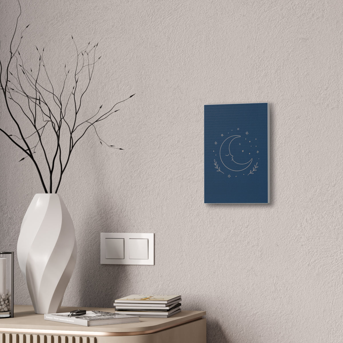 Sleepy Moon Nursery Print | Celestial Baby Room Canvas | Dusty Blue Bedtime Wall Art