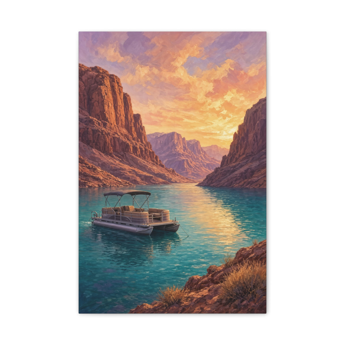 Desert Lake Houseboat Canvas | Golden Hour Landscape Wall Art | Large Lake House Statement Decor