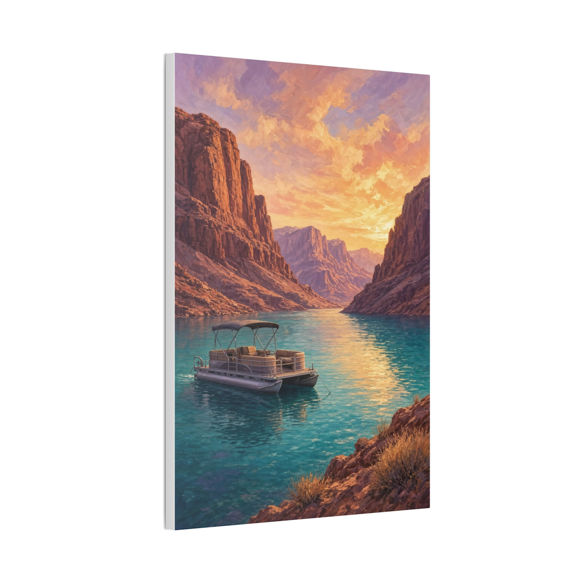 Desert Lake Houseboat Canvas | Golden Hour Landscape Wall Art | Large Lake House Statement Decor