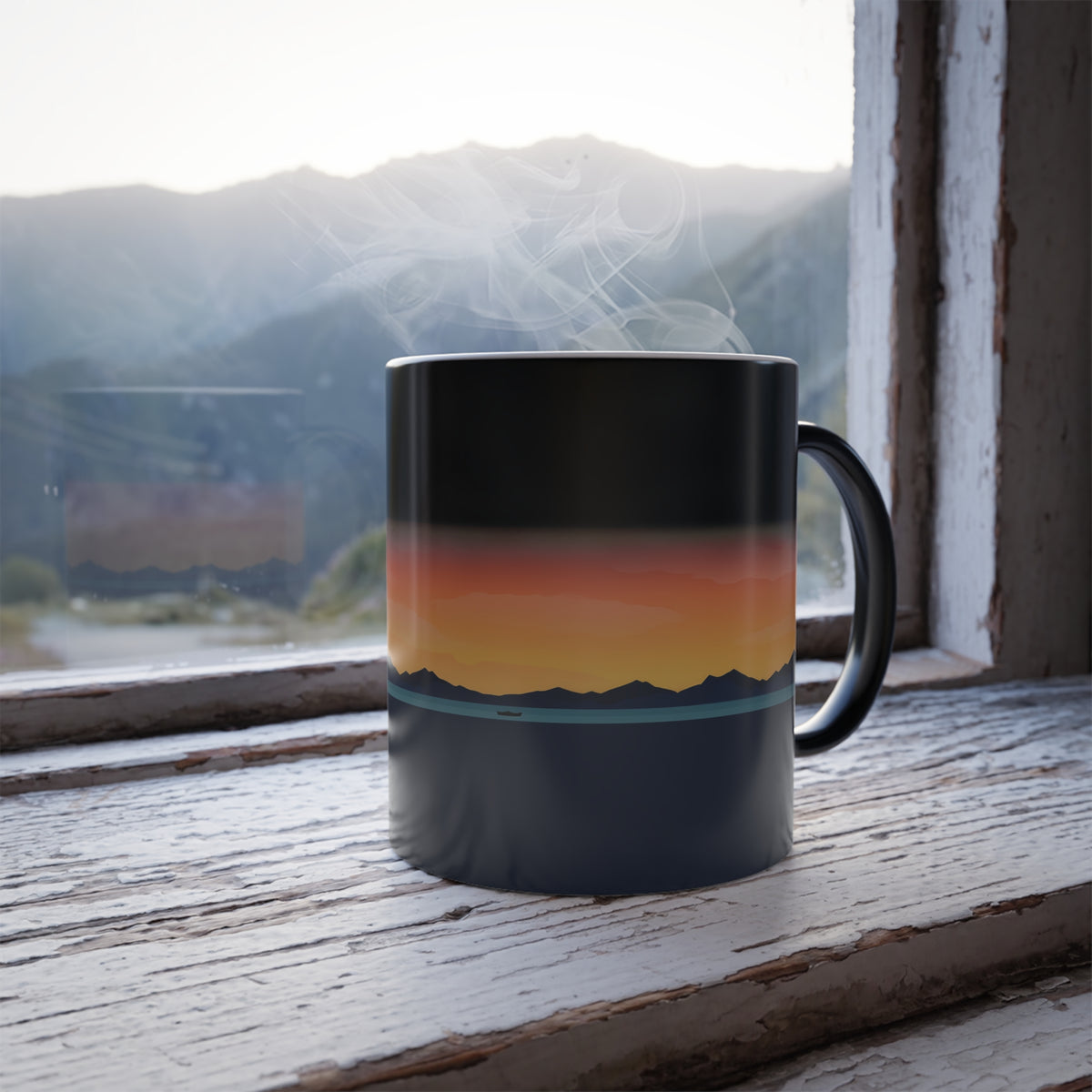 Color-Changing Sunset Mug — 11 oz Heat-Activated Mountain Landscape